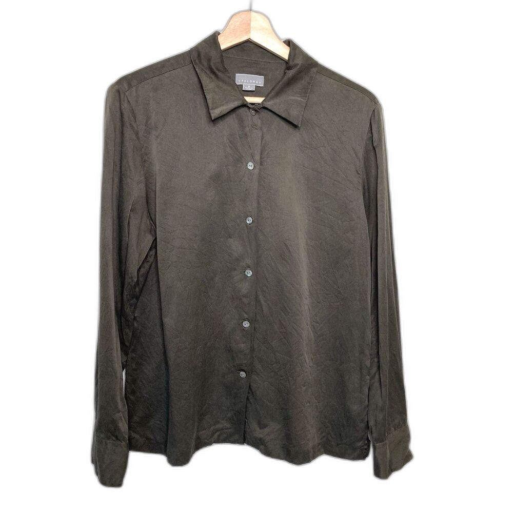 TALORA Womens Medium Button Down Silk Long Sleeve Green Blouse M